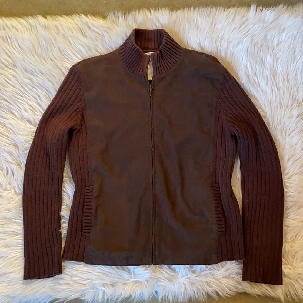 Jones New York Sport Brown Suede Mixed Media Full Zip Jacket (Size: Large)